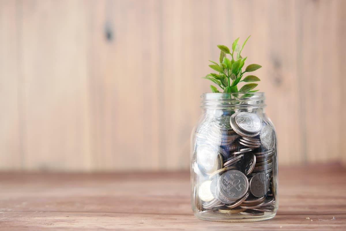 Coins and a growing plant in a jar, symbolising savings growth